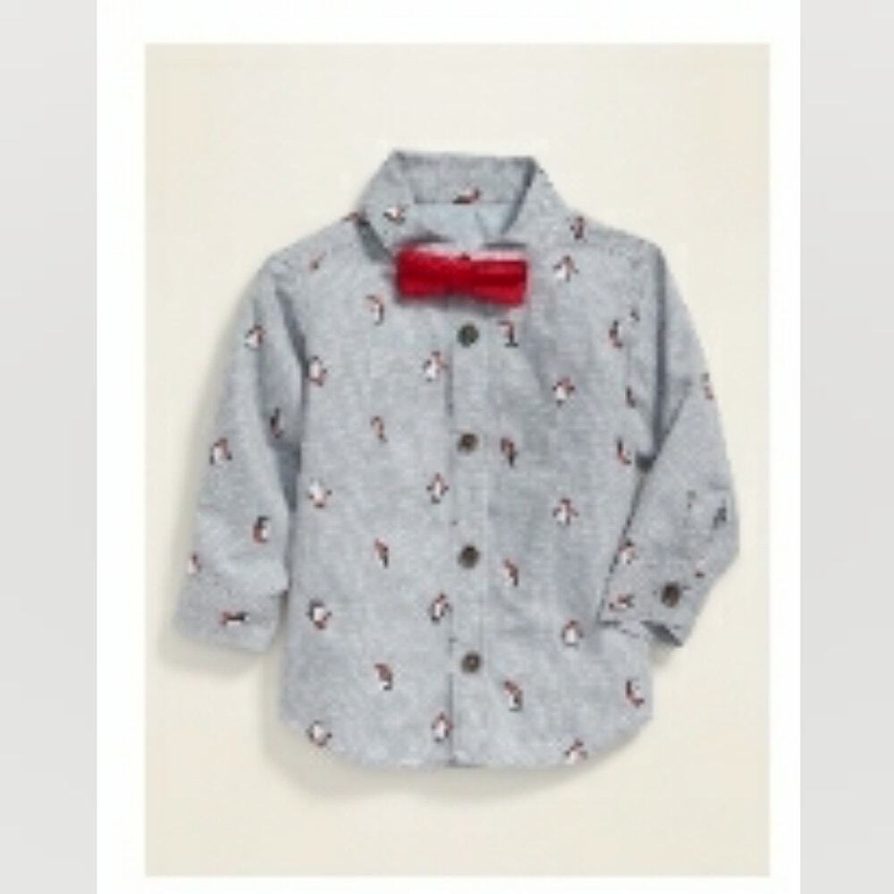 Old Navy Gray Penguin Long Sleeve Button Down Dress Shirt Boys Size 18-24 Months